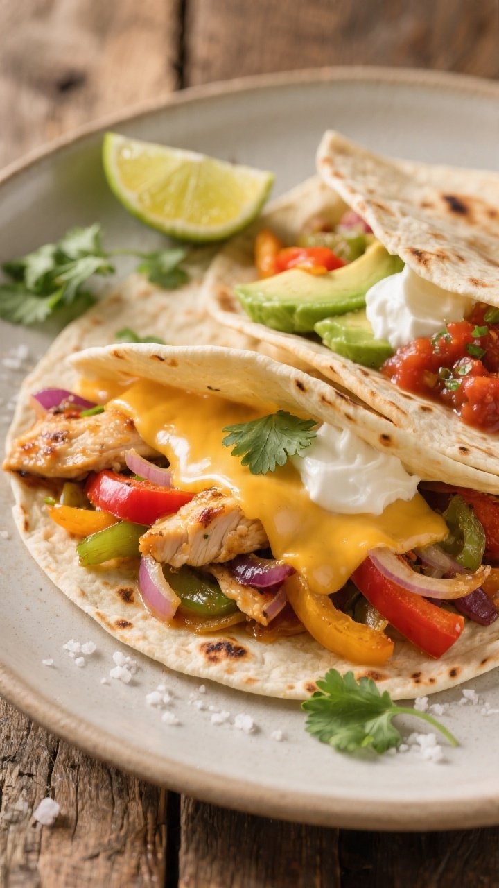 Final plated presentation, vibrant and composed: Beautifully plated cheesy chicken fajita serving on