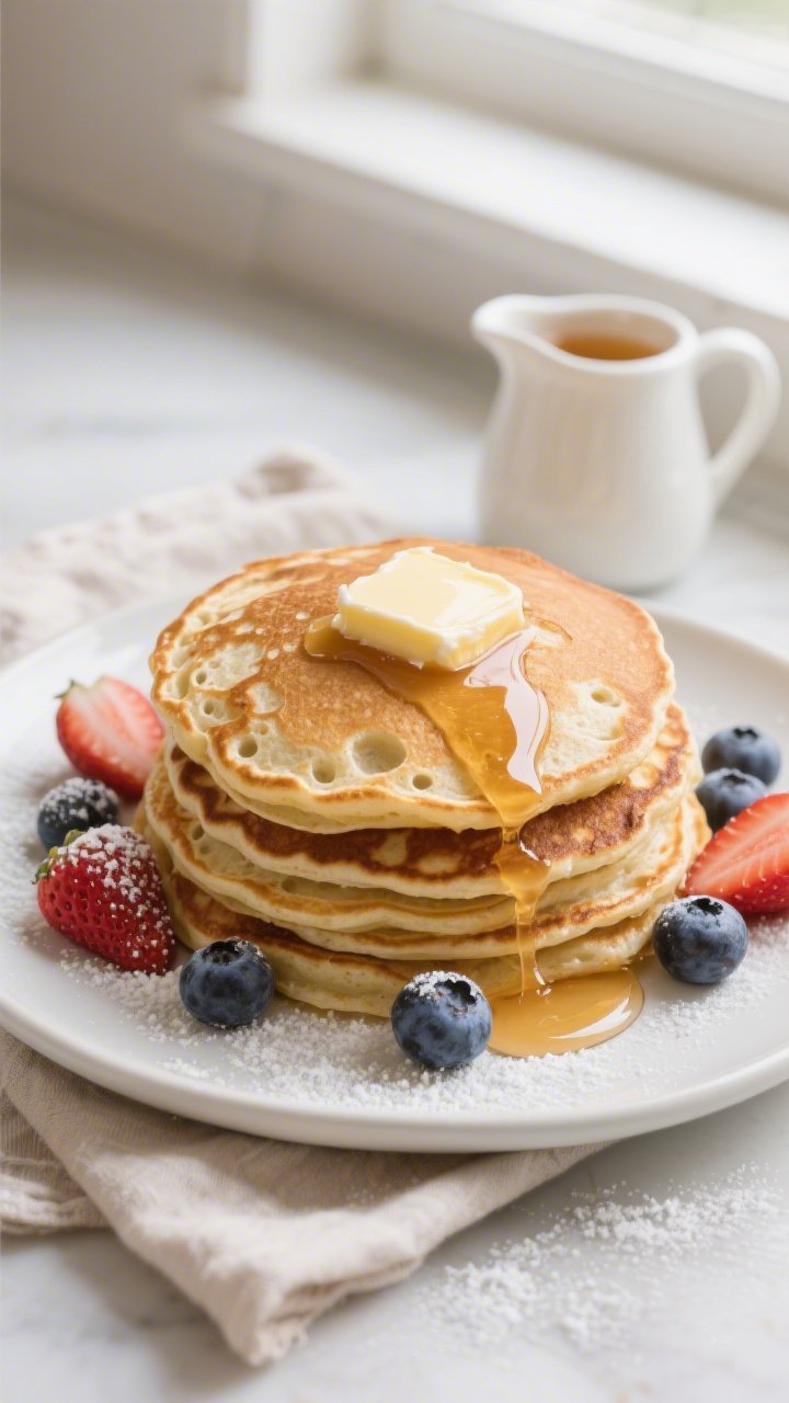 Overhead shot of golden sourdough discard pancakes stacked high on a matte white plate, crisp lacy e