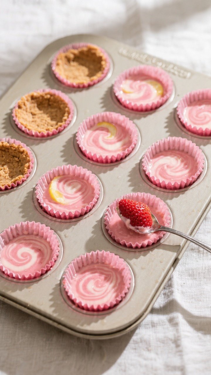 Overhead “tasty top view” of a 12-cup muffin tin filled with the poured strawberry-lemon mixture