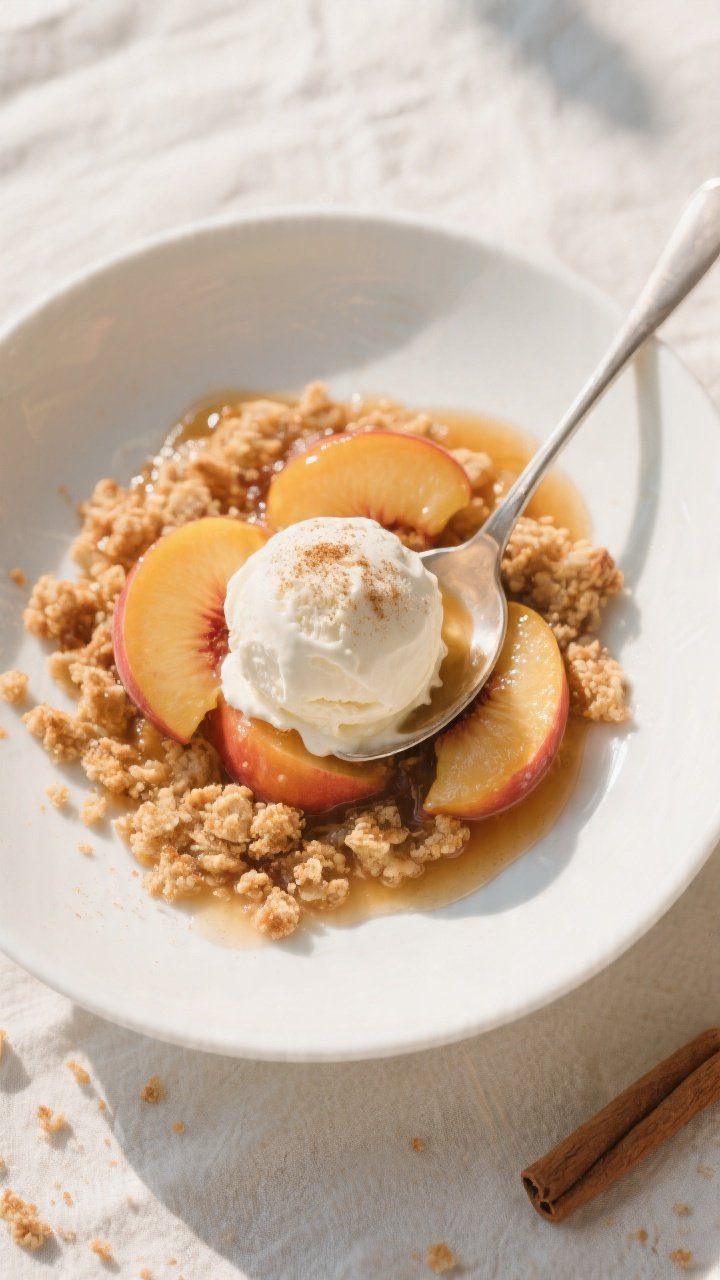 Overhead “tasty top view” of a warm serving of peach crisp in a shallow white bowl: generous spo