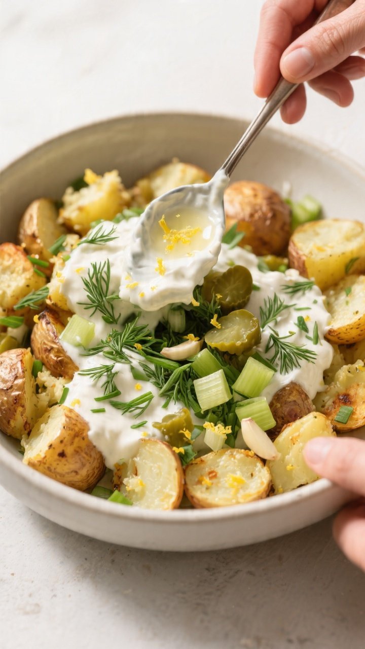 Overhead “tossing” moment: Large bowl of warm, roasted smashed potatoes being gently coated in a