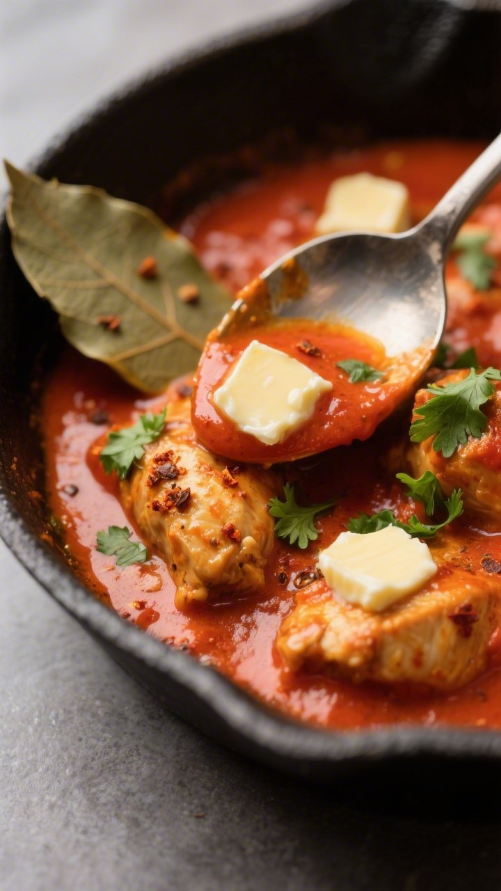 Silky sauce detail: Macro close-up of velvety, blended tomato-yogurt butter chicken sauce spoon-coat