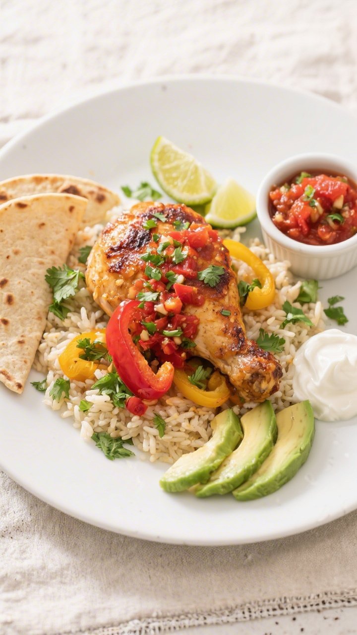 Tasty top-down serving spread: Overhead shot of the finished baked chicken with salsa and peppers sl
