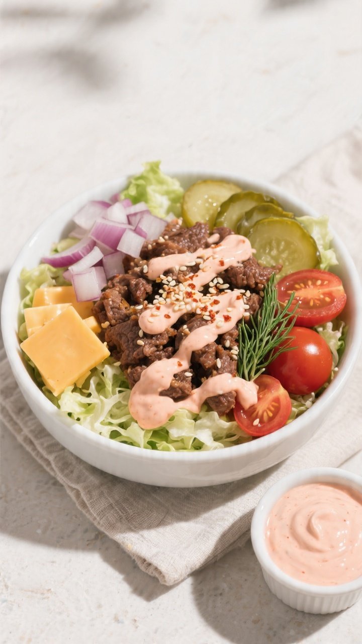 Tasty top view, assembled bowl: Overhead shot of a High Protein Big Mac Bowl in a wide white bowl—