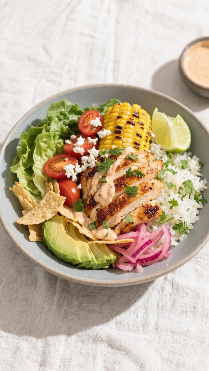 Tasty top view final bowl: Overhead shot of a Street Corn Chicken Summer Bowl—cilantro-lime rice o