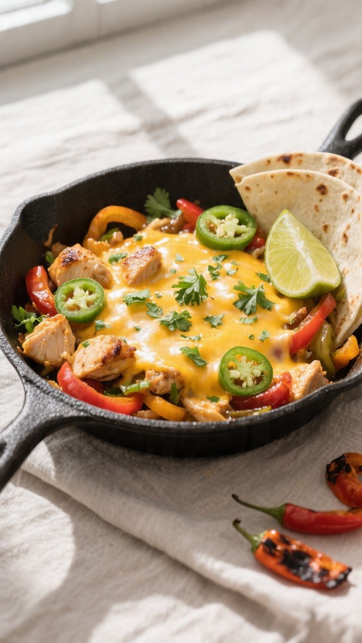 Tasty top view, final skillet moment: Overhead shot of the cheesy chicken fajita skillet just after 