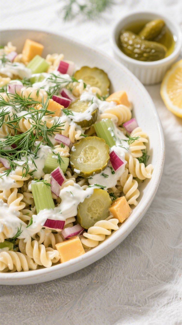 Tasty top view, overhead: Overhead shot of Dill Pickle Pasta Salad in a large white ceramic serving 