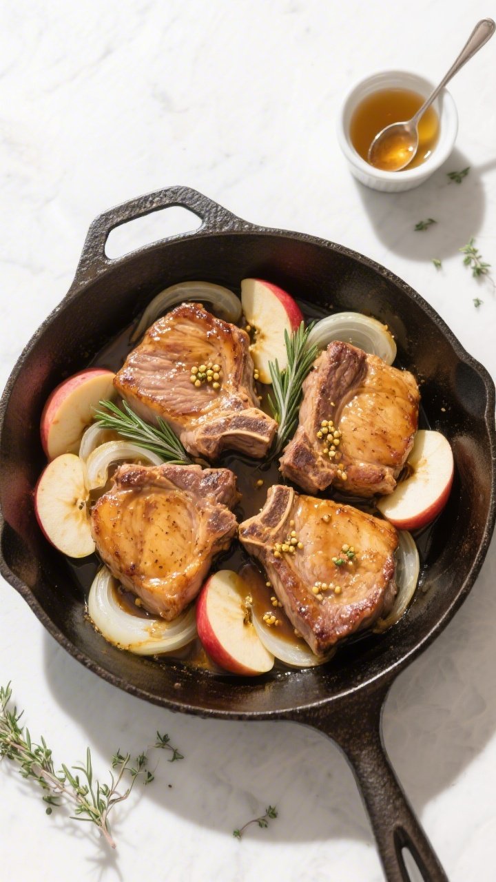 Tasty top view, overhead: Overhead shot of the completed Pork and Apple Skillet in a cast-iron pan, 