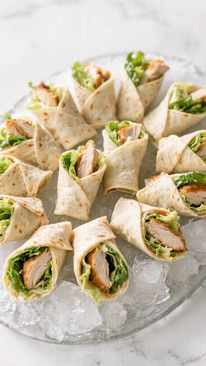 Tasty top view: Overhead shot of a chilled party platter of Chicken Caesar wrap bites, each cut into