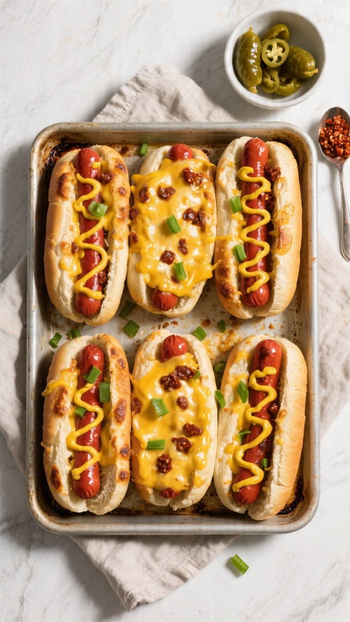 Tasty top view: Overhead shot of a full tray of baked Chili Cheese Hot Dog Boats just out of the ove