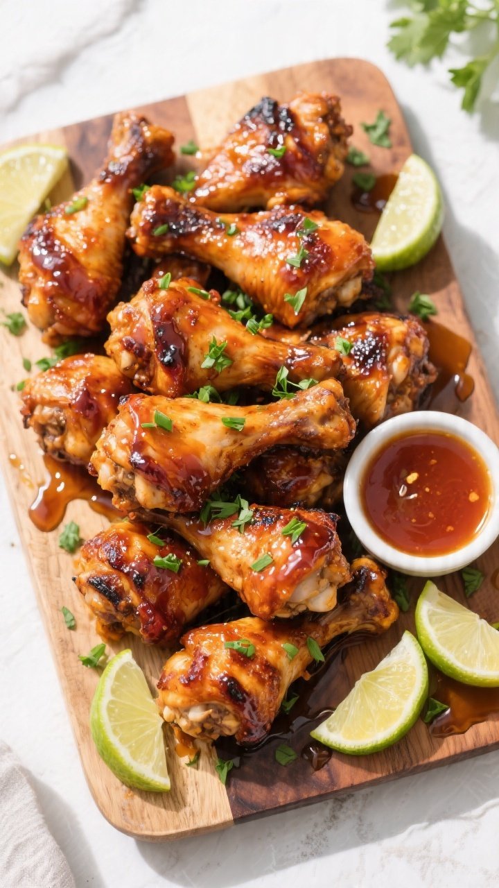 Tasty top view: Overhead shot of a rustic wooden platter piled with hot honey BBQ chicken drumsticks