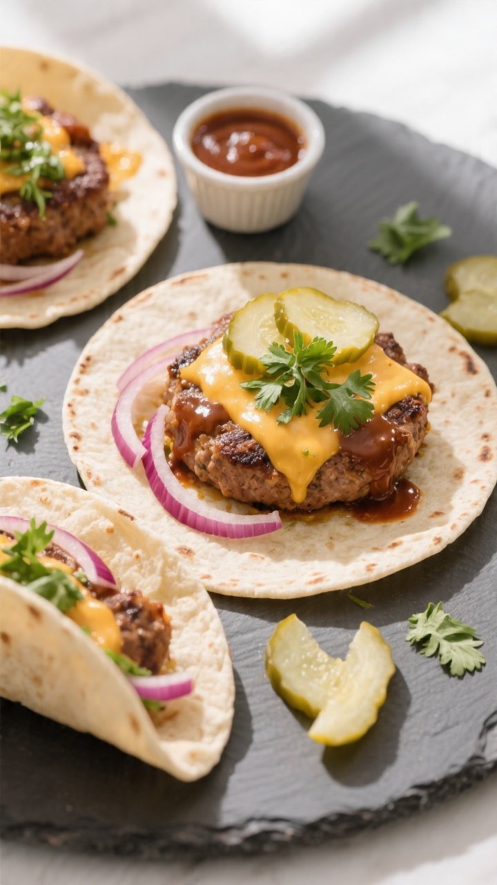 Tasty top view: Overhead shot of a warm flour tortilla topped with a cheesy smash patty, thin red on