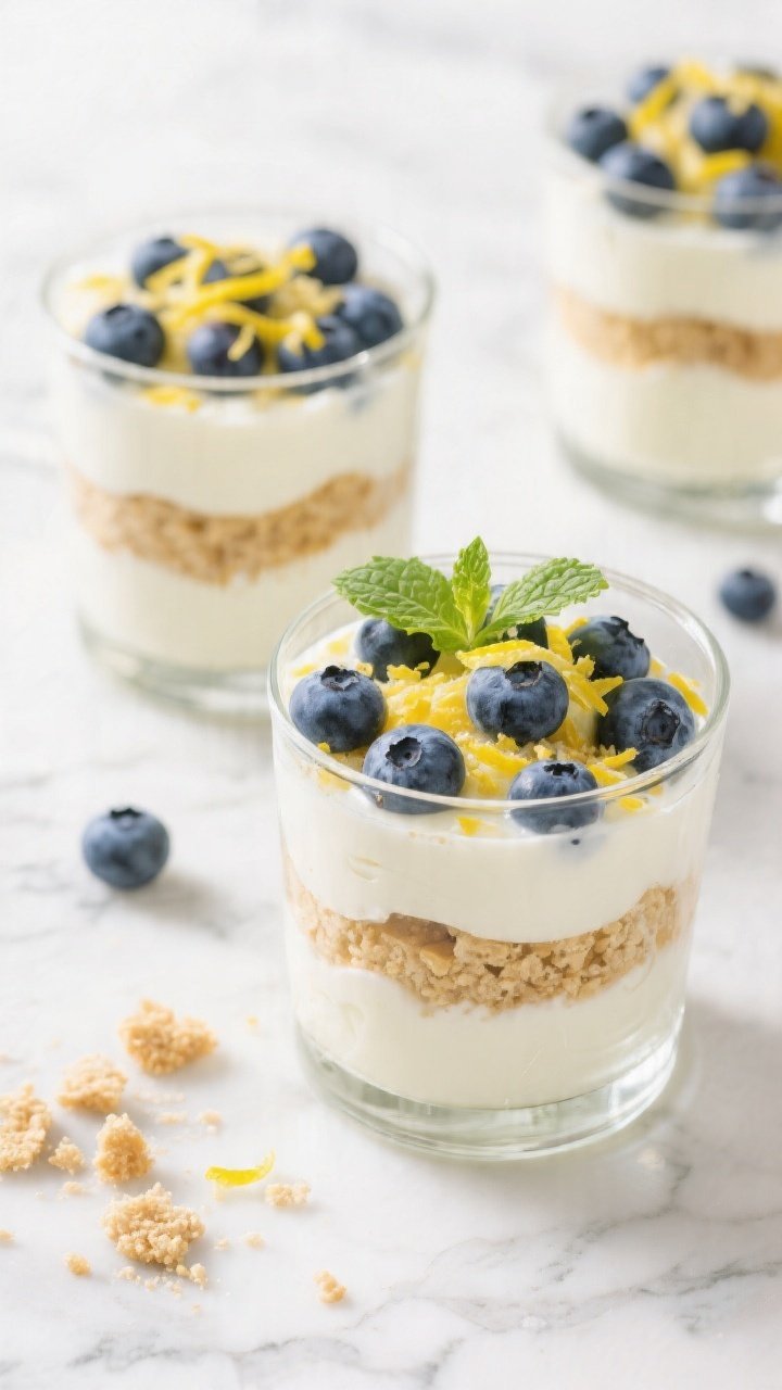 Tasty top view: Overhead shot of layered Lemon Blueberry Parfaits in clear glasses—distinct layers