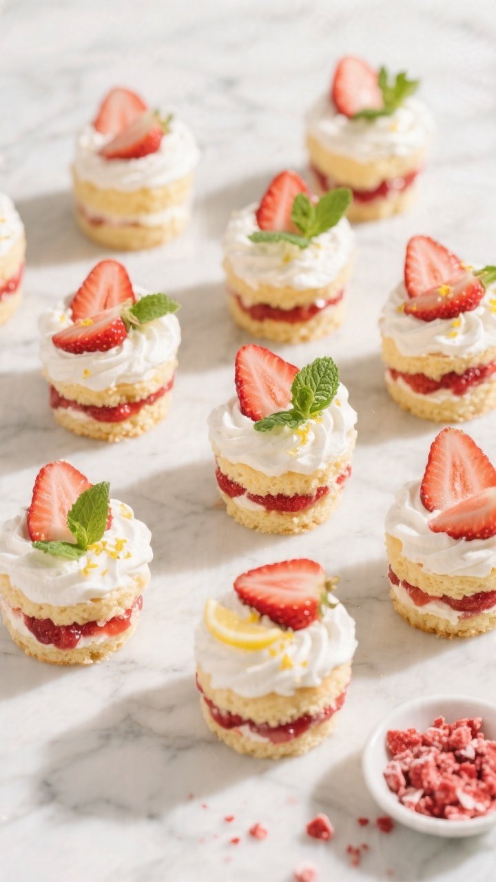 Tasty top view: Overhead shot of multiple finished Strawberry Shortcake Cups arranged on a light mar