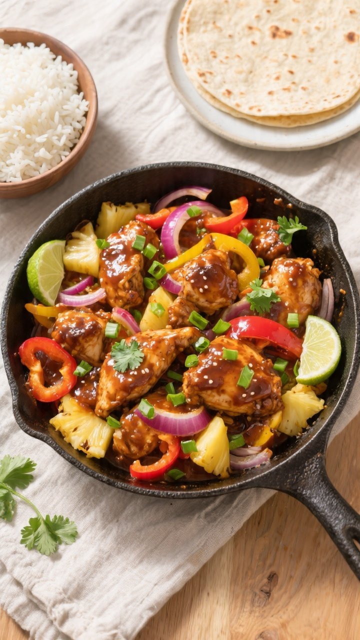Tasty top view: Overhead shot of the finished BBQ Pineapple Chicken Summer Skillet served family-sty