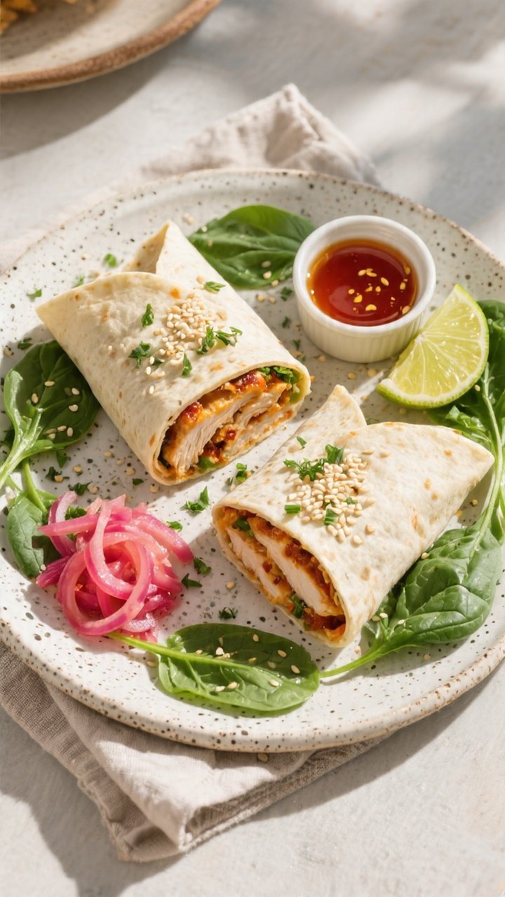 Tasty top view: Overhead shot of two neatly sliced Hot Honey Chicken Summer Wrap halves arranged on 