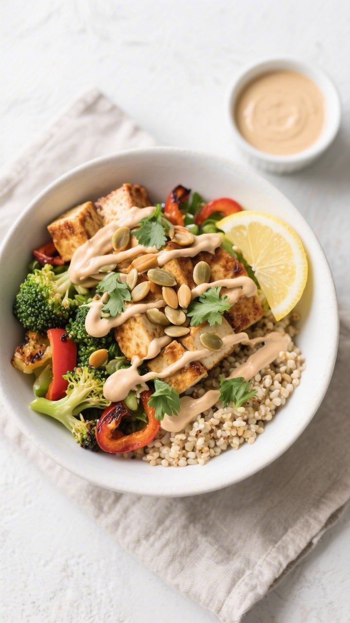 Tasty top view: Tofu Power Bowl assembled in a matte white bowl—fluffy quinoa base topped with roa