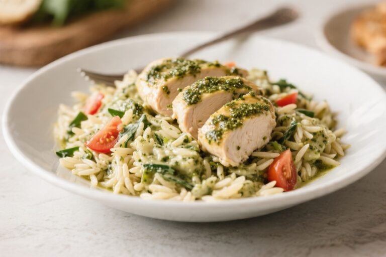 Creamy Pesto Chicken Summer Orzo – A Bright, Comforting Skillet Dinner